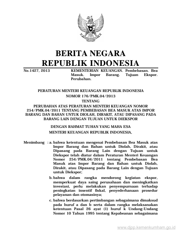 Peraturan Menteri Keuangan Nomor 176/PMK.04/2013