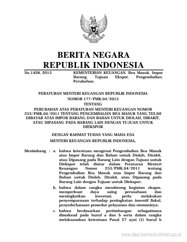 Peraturan Menteri Keuangan Nomor 177/PMK.04/2013