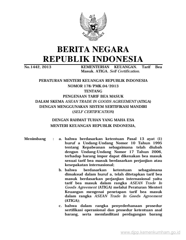 Peraturan Menteri Keuangan Nomor 178/PMK.04/2013