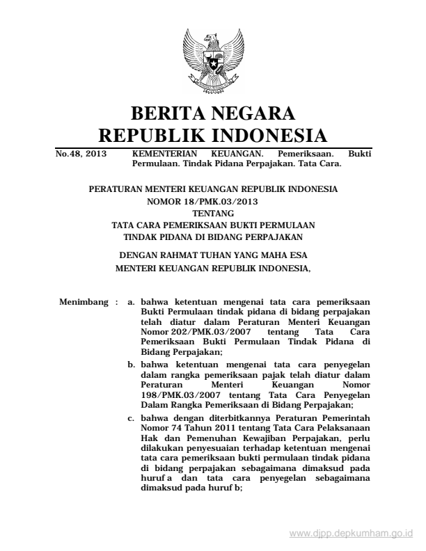 Peraturan Menteri Keuangan Nomor 18/PMK.03/2013