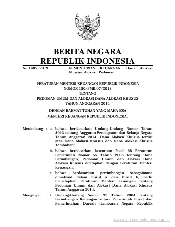 Peraturan Menteri Keuangan Nomor 180/PMK.07/2013