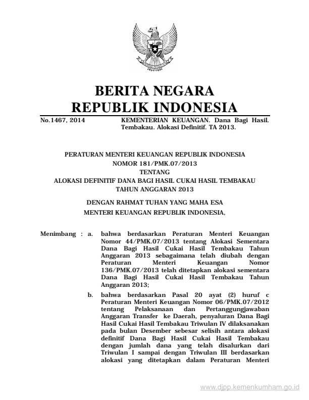 Peraturan Menteri Keuangan Nomor 181/PMK.07/2013