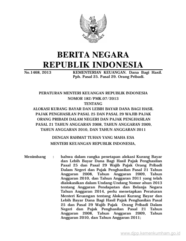 Peraturan Menteri Keuangan Nomor 182/PMK.07/2013