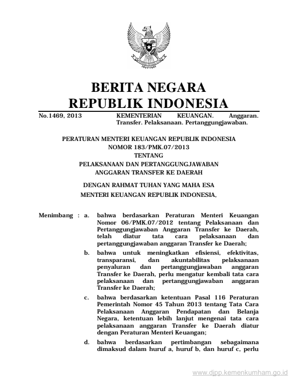 Peraturan Menteri Keuangan Nomor 183/PMK.07/2013