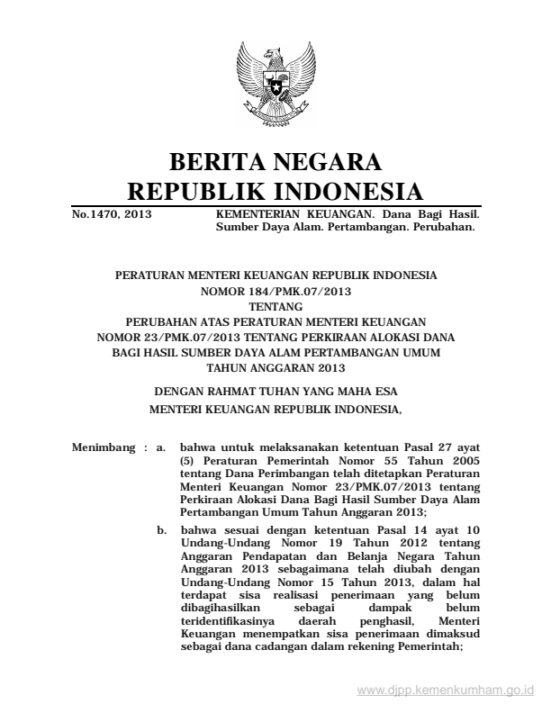 Peraturan Menteri Keuangan Nomor 184/PMK.07/2013