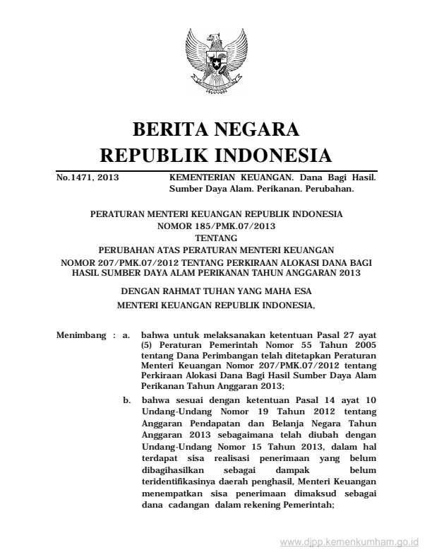 Peraturan Menteri Keuangan Nomor 185/PMK.07/2013