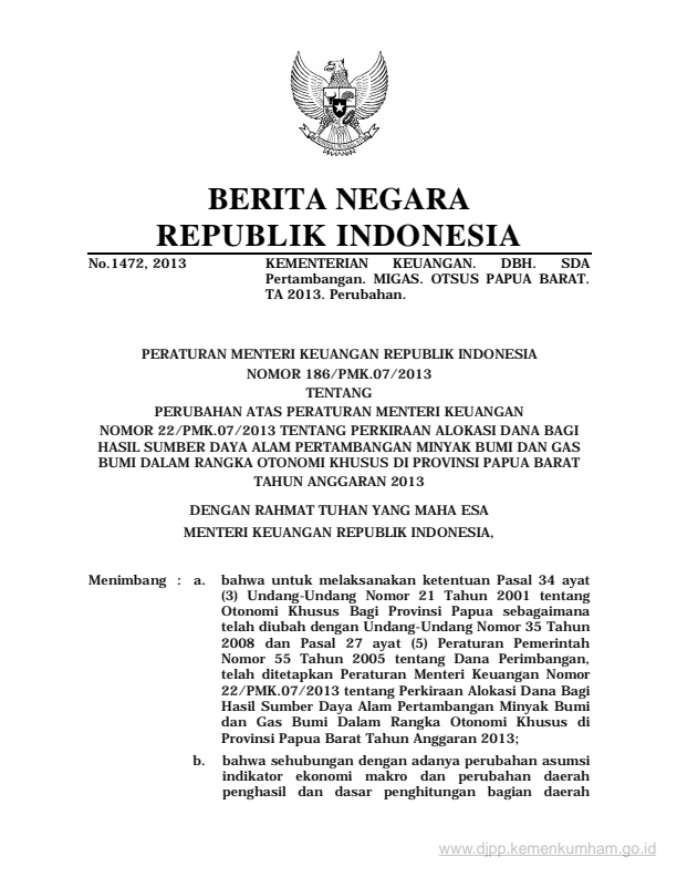 Peraturan Menteri Keuangan Nomor 186/PMK.07/2013