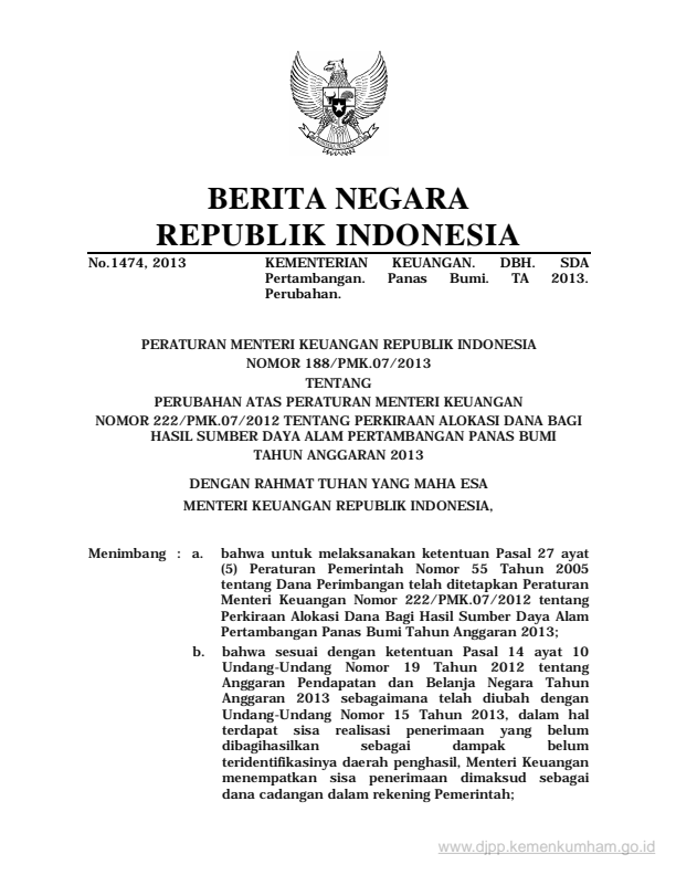 Peraturan Menteri Keuangan Nomor 188/PMK.07/2013