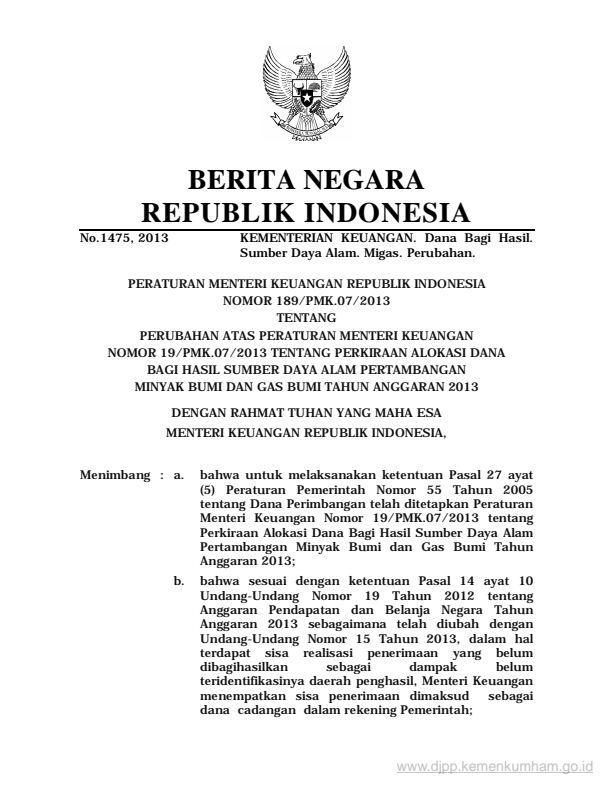 Peraturan Menteri Keuangan Nomor 189/PMK.07/2013