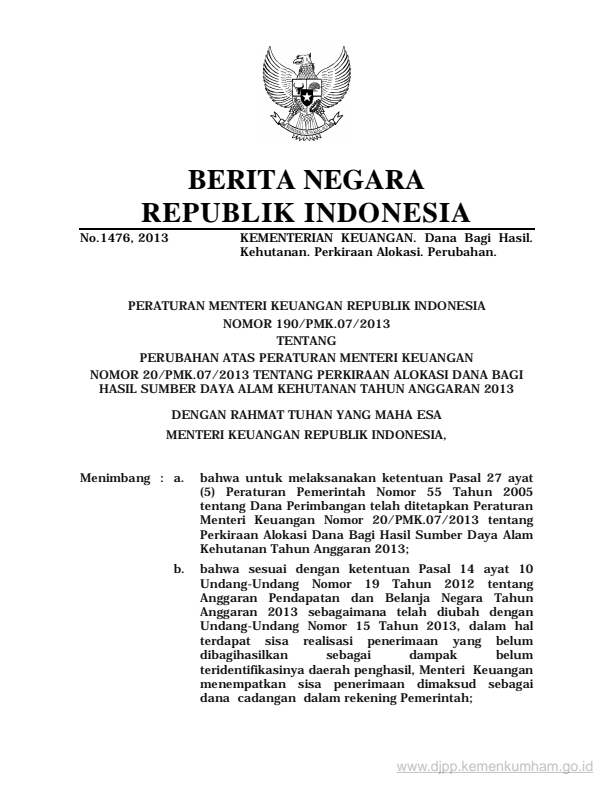 Peraturan Menteri Keuangan Nomor 190/PMK.07/2013