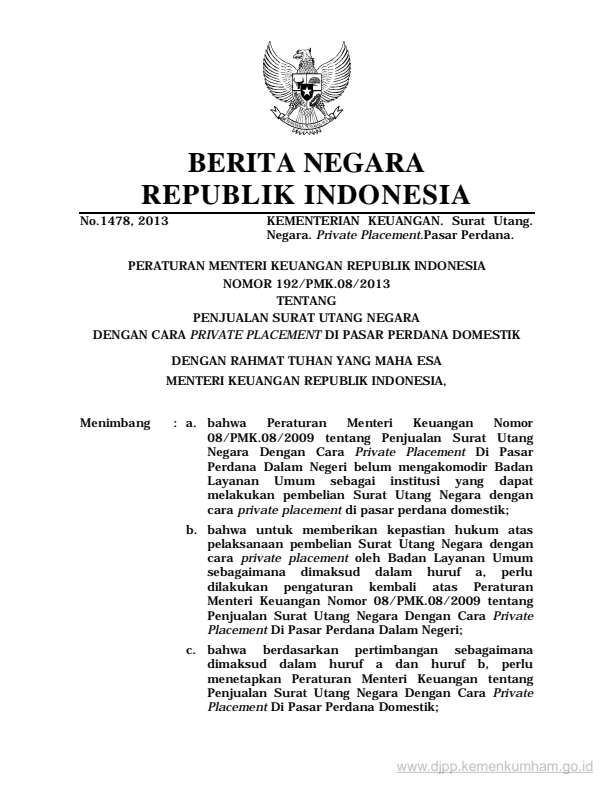 Peraturan Menteri Keuangan Nomor 192/PMK.08/2013