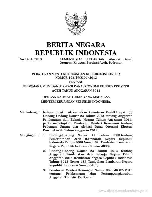 Peraturan Menteri Keuangan Nomor 195/PMK.07/2013