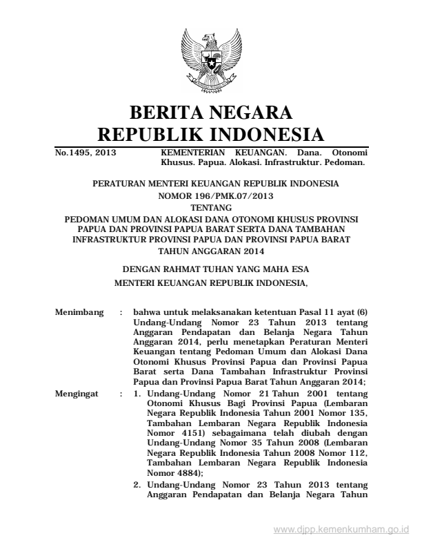 Peraturan Menteri Keuangan Nomor 196/PMK.07/2013