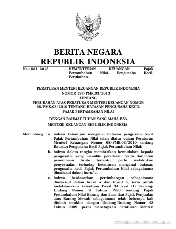 Peraturan Menteri Keuangan Nomor 197/PMK.03/2013