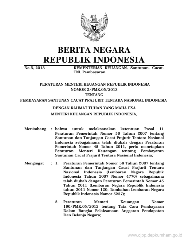 Peraturan Menteri Keuangan Nomor 2/PMK.05/2013