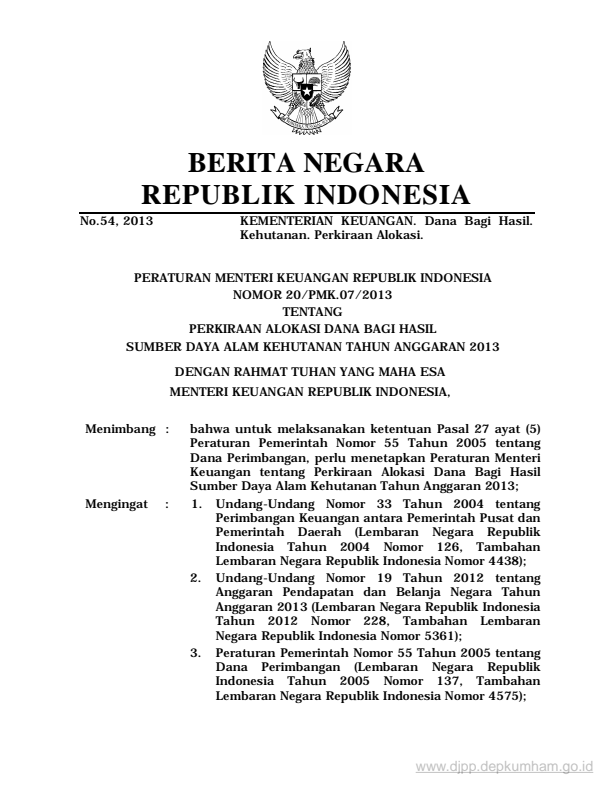 Peraturan Menteri Keuangan Nomor 20/PMK.07/2013
