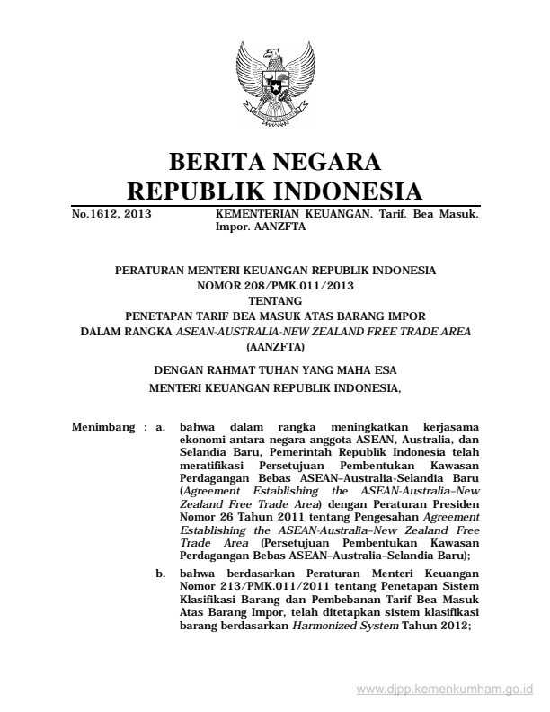 Peraturan Menteri Keuangan Nomor 208/PMK.011/2013