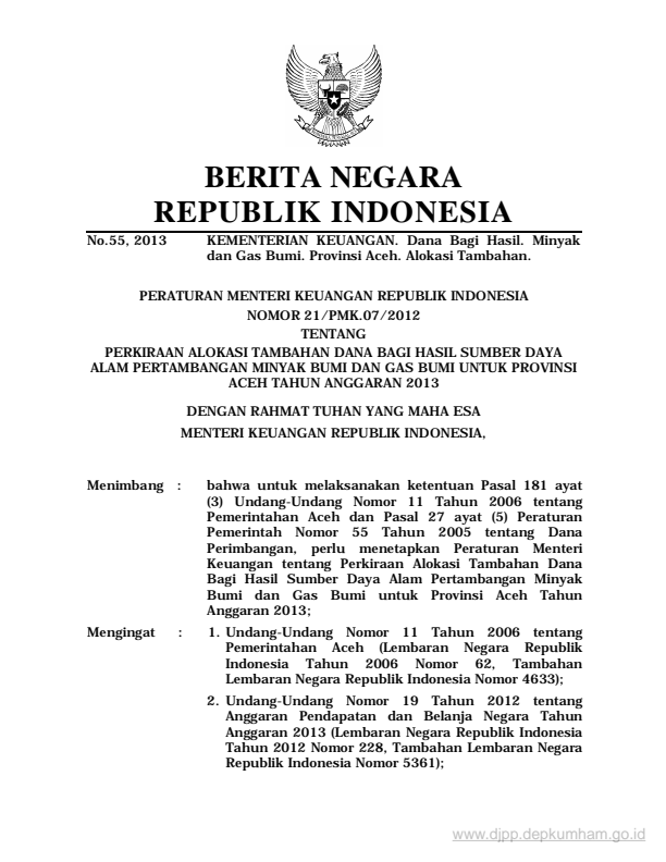 Peraturan Menteri Keuangan Nomor 21/PMK.07/2013