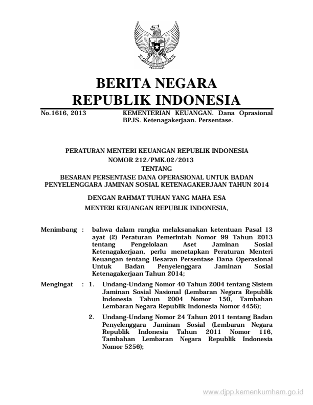 Peraturan Menteri Keuangan Nomor 212/PMK.02/2013