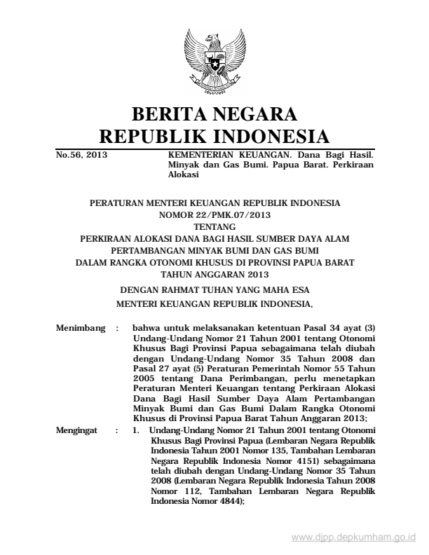 Peraturan Menteri Keuangan Nomor 22/PMK.07/2013