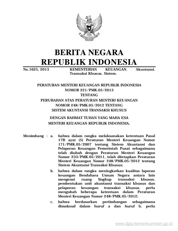 Peraturan Menteri Keuangan Nomor 221/PMK.05/2013