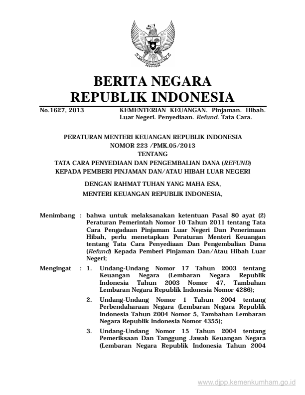 Peraturan Menteri Keuangan Nomor 223/PMK.05/2013