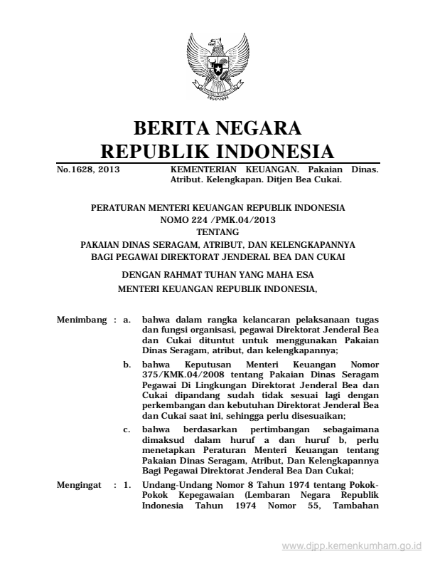 Peraturan Menteri Keuangan Nomor 224/PMK.04/2013