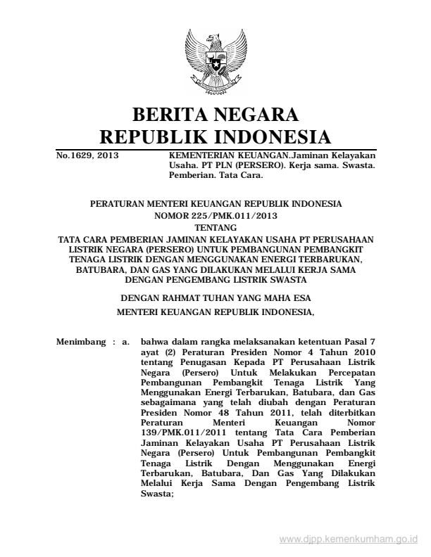 Peraturan Menteri Keuangan Nomor 225/PMK.011/2013