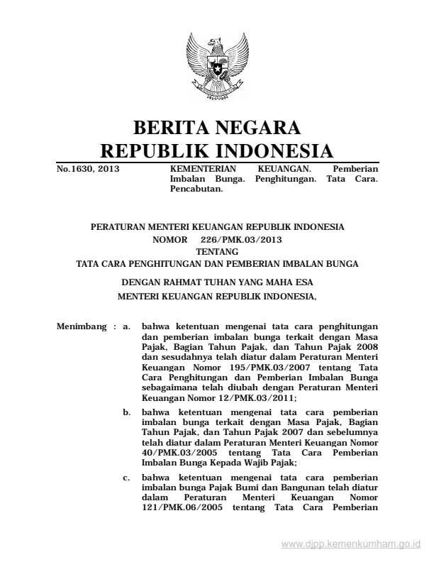 Peraturan Menteri Keuangan Nomor 226/PMK.03/2013