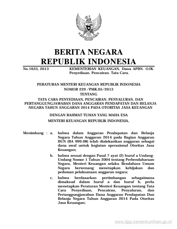 Peraturan Menteri Keuangan Nomor 229/PMK.05/2013