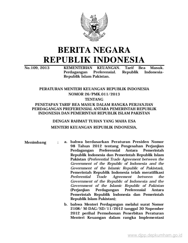 Peraturan Menteri Keuangan Nomor 26/PMK.011/2013