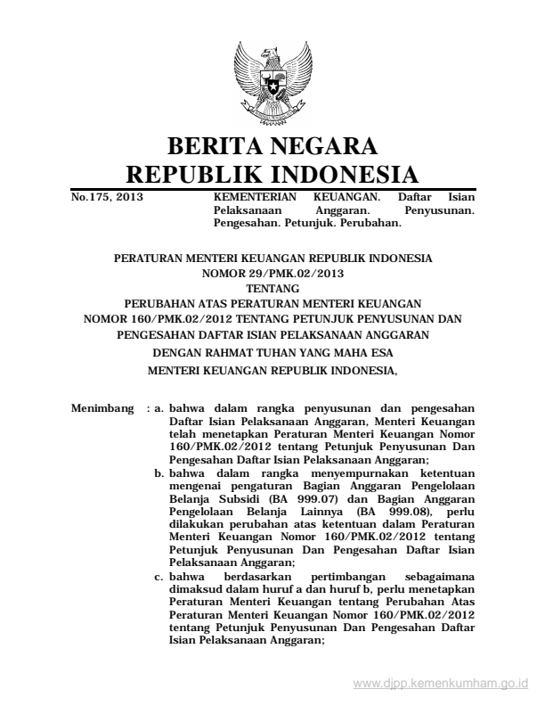 Peraturan Menteri Keuangan Nomor 29/PMK.02/2013