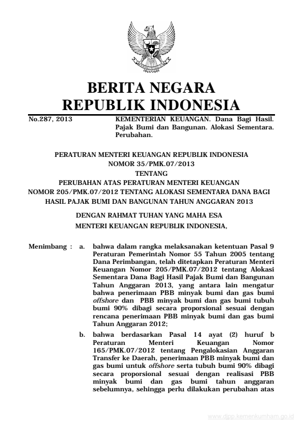 Peraturan Menteri Keuangan Nomor 35/PMK.07/2013