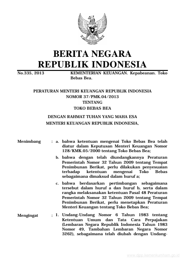 Peraturan Menteri Keuangan Nomor 37/PMK.04/2013