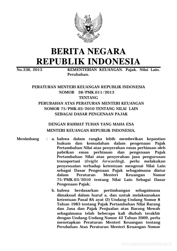 Peraturan Menteri Keuangan Nomor 38/PMK.011/2013