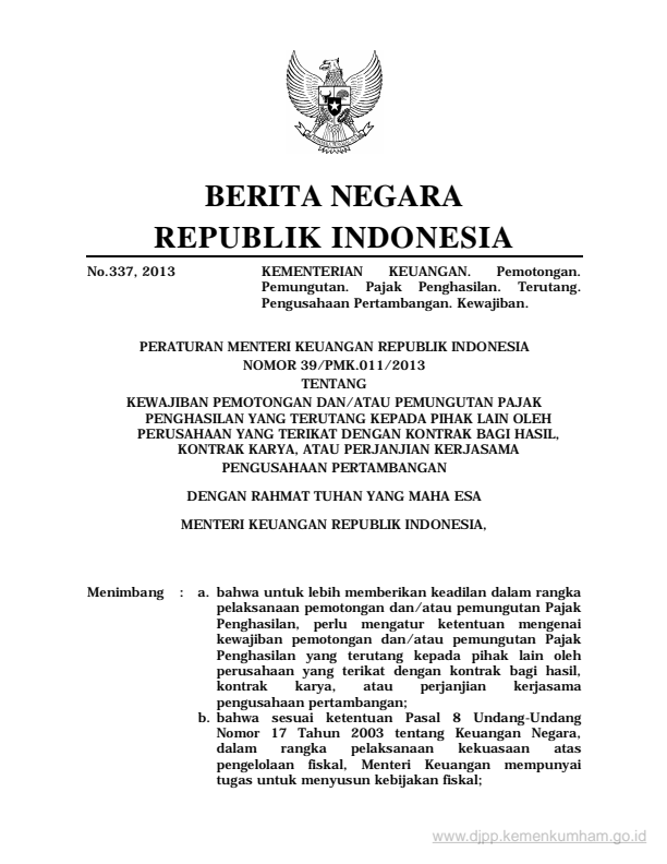 Peraturan Menteri Keuangan Nomor 39/PMK.011/2013