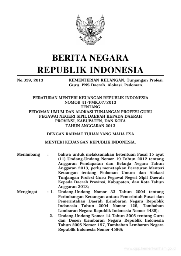 Peraturan Menteri Keuangan Nomor 41/PMK.07/2013