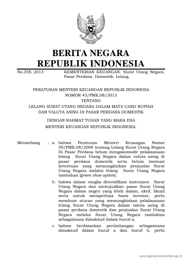 Peraturan Menteri Keuangan Nomor 43/PMK.08/2013