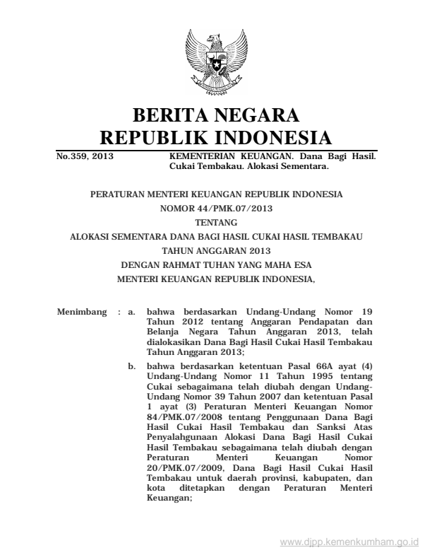 Peraturan Menteri Keuangan Nomor 44/PMK.07/2013