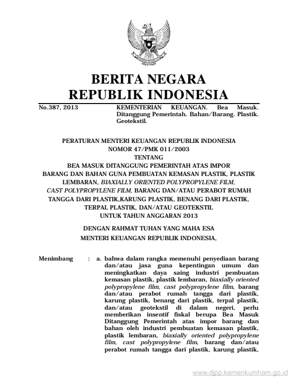 Peraturan Menteri Keuangan Nomor 47/PMK.011/2013