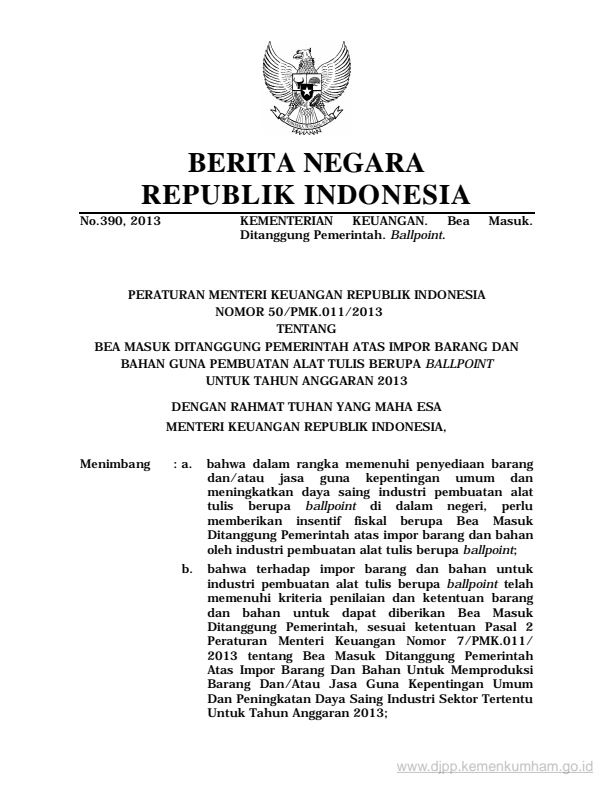 Peraturan Menteri Keuangan Nomor 50/PMK.011/2013