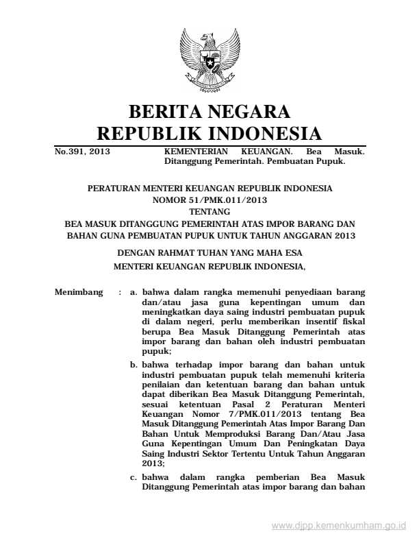 Peraturan Menteri Keuangan Nomor 51/PMK.011/2013