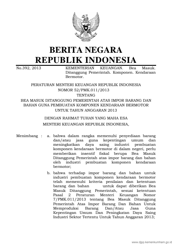 Peraturan Menteri Keuangan Nomor 52/PMK.011/2013