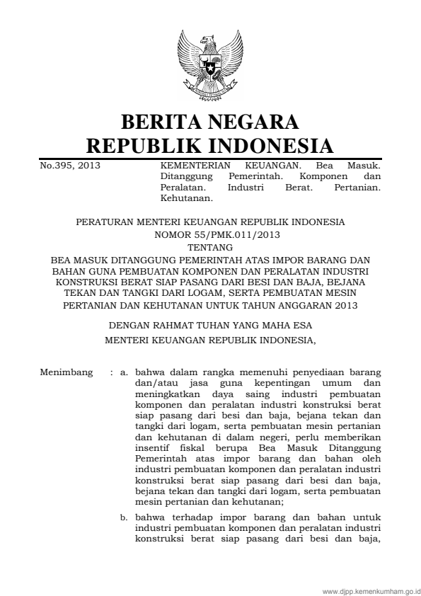 Peraturan Menteri Keuangan Nomor 55/PMK.011/2013