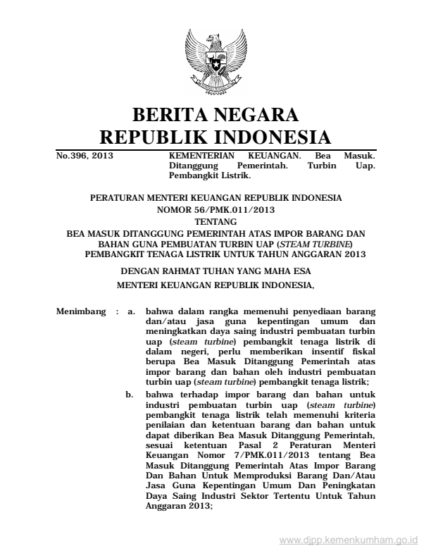 Peraturan Menteri Keuangan Nomor 56/PMK.011/2013