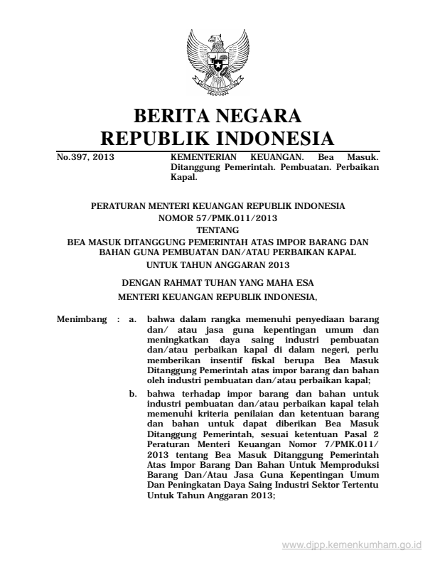 Peraturan Menteri Keuangan Nomor 57/PMK.011/2013