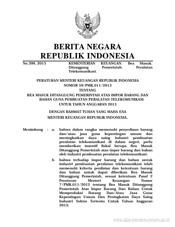 Peraturan Menteri Keuangan Nomor 59/PMK.011/2013