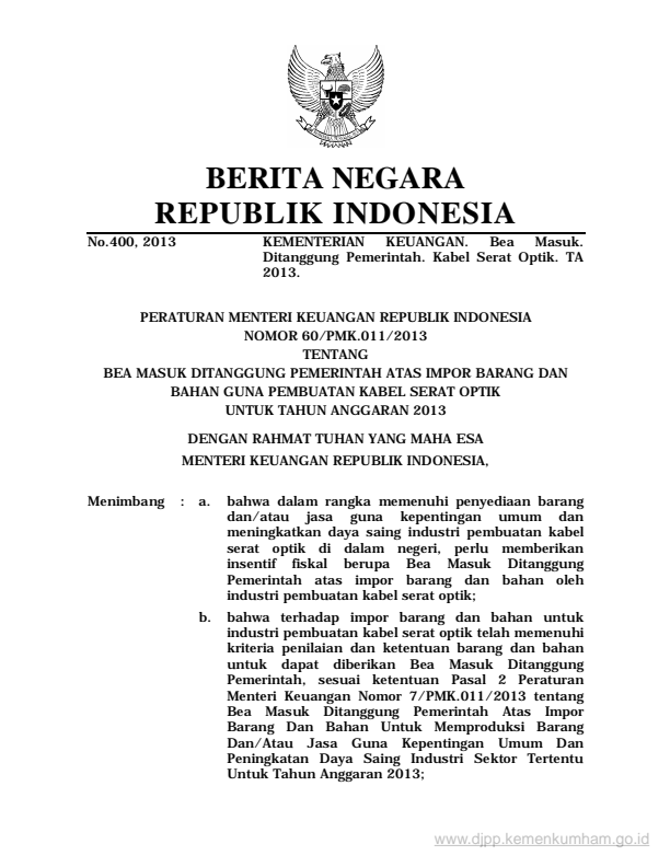 Peraturan Menteri Keuangan Nomor 60/PMK.011/2013