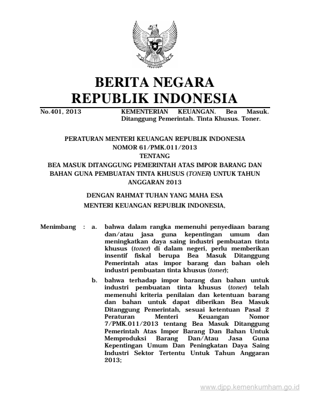 Peraturan Menteri Keuangan Nomor 61/PMK.011/2013