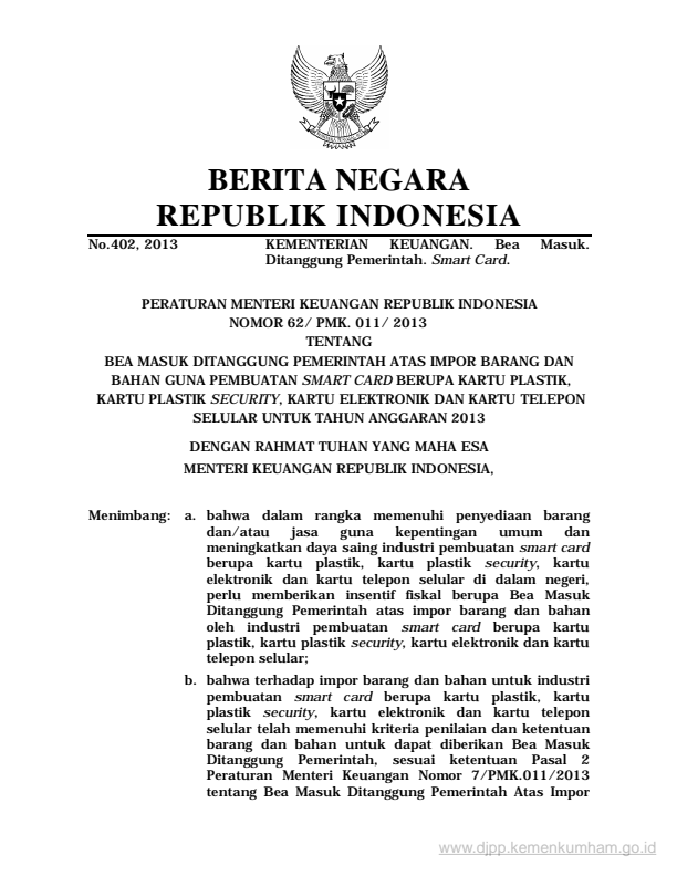 Peraturan Menteri Keuangan Nomor 62/PMK.011/2013